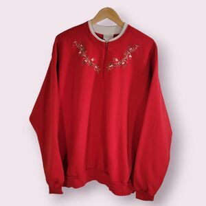 Vintage TOP STITCH Grandma Sweater Size 2XL Red Embroidered Beaded 1/4 Zip